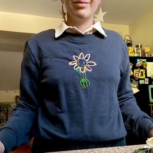 hand embroidered floral sweatshirt, navy with floral design on front